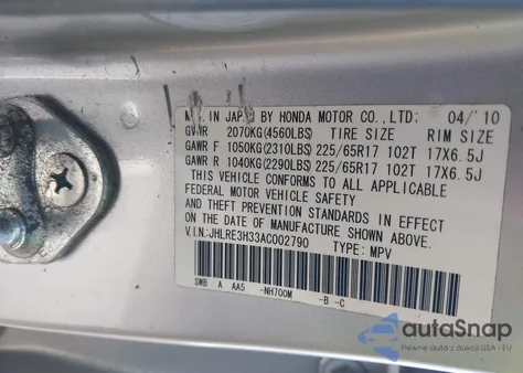 2010 Honda Cr-V Lx from USA, damaged, VIN JHLRE3H33AC002790